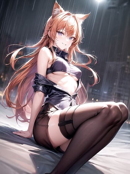 in Thigh-High Socks Gets Soaked in Rainy Hentai AI Image