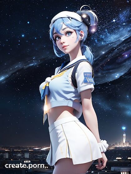 Blue-Eyed Girl 18+ in White Blue Sailor Uniform Stares at Starlit Cityscape