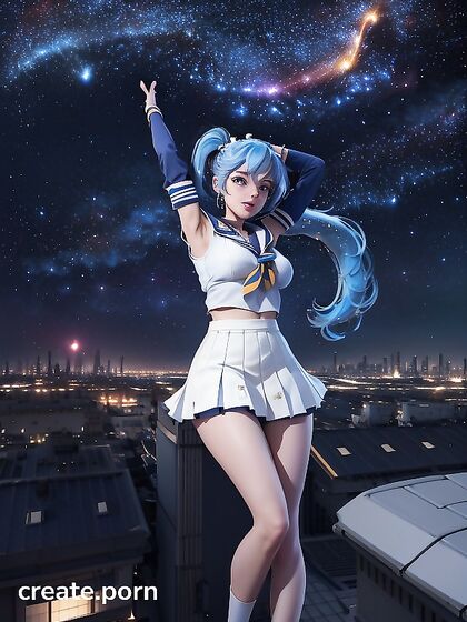Blue-Haired Girl 18+ in Sailor Uniform Dances Under the Starlit Cityscape