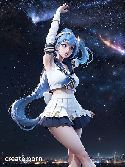 Blue-Haired Girl 18+ in Sailor Uniform Dances Among Skyscrapers Under Starlit NightSky