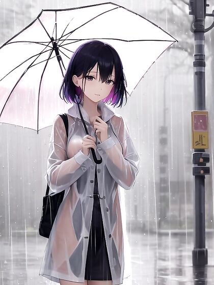 Standing Under a Colorful Umbrella in the Rain for Sexy Hentai Pleasure