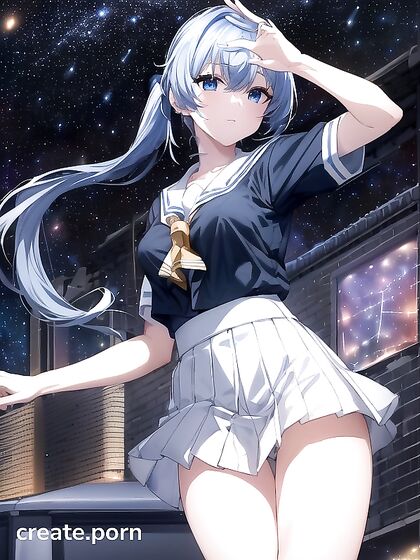 Starry Night - Small-Assed Girl 18+ in School Uniform Stares at Cityscape