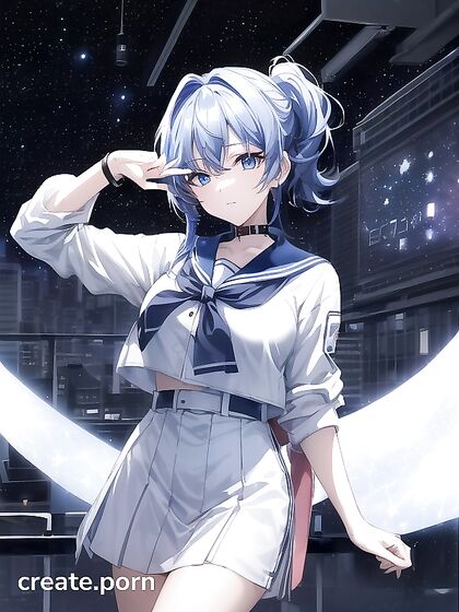 Ri in Her School Uniform Stares at the Starlit Cityscape with Sparkling Blue Eyes