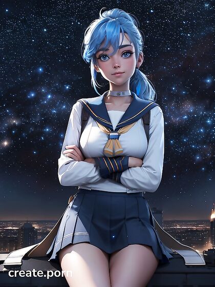 Blue-Haired Girl 18+ in Sailor Uniform Poses Amidst Starlit Cityscape