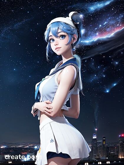 Blue-Eyed Girl 18+ in Sailor Uniform Poses Seductively Amidst Cityscape at Night