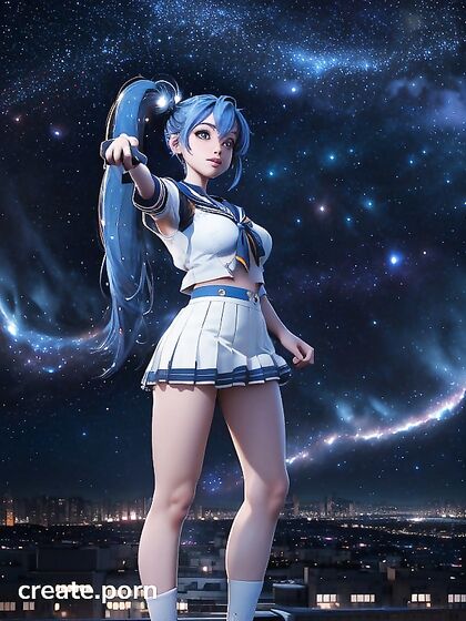 Blue-Haired Girl 18+ in Sailor Uniform Poses Seductively Among City Lights and Stars