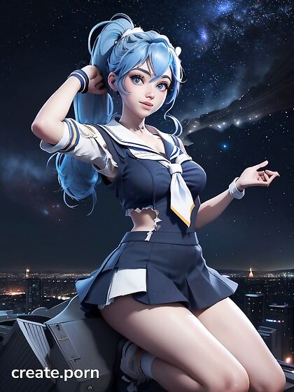 Blue-Haired Girl 18+ in Sailor Uniform Dances Under Starlit Cityscape Skies
