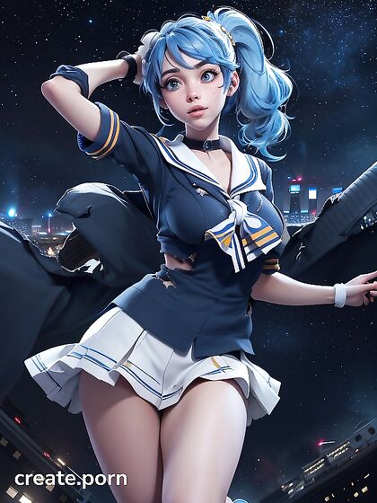 Blue-Haired Girl 18+ in Sailor Uniform Dances Under Starlit Cityscape at Night