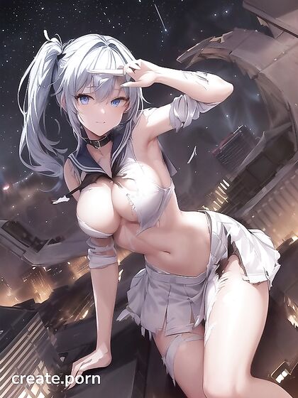 Blue-Haired Beauty in School Uniform Slices Monster Amidst Starlit Cityscape