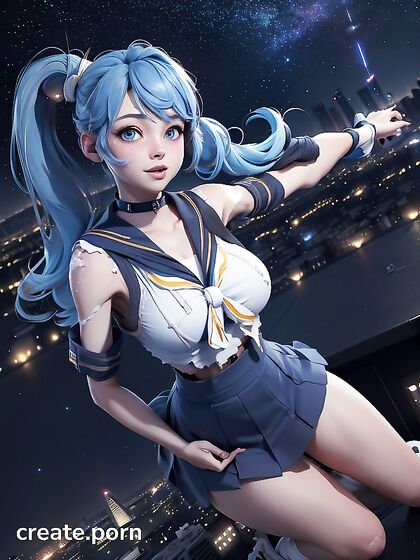 Blue-Eyed Girl 18+ in Sailor Uniform Dances Under the Starlit Cityscape