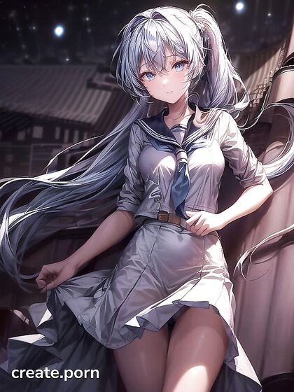 Shooting Star Skyline Fantasy - Blue-Eyed Girl 18+ in Sailor Uniform Stares at Night skyscrapers