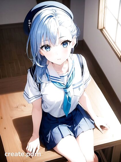 Skinny Girl 18+ with Blue Eyes and Light Blue Hair in Seductive Hentai AI Image