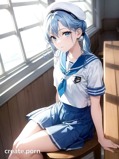 Skinny Girl 18+ with Small Ass and Light Blue Hair in Seductive Hentai AI Image