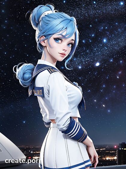 Blue-Eyed Girl 18+ in School Uniform Stares at Star-Studded Skyline