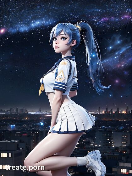 Blue-Eyed Girl 18+ in Sailor Uniform Poses Amidst Starlit Urban Skyline