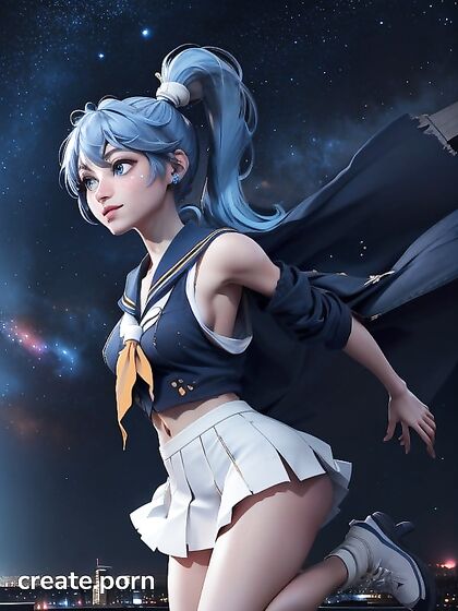 Blue-Haired Girl 18+ in Sailor Uniform Dances Amidst Starlit Cityscape at Night