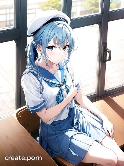 Bored Blue-Eyed Girl 18+ with Light Blue Hair Seduces in School Classroom Hentai Hentai AI Image