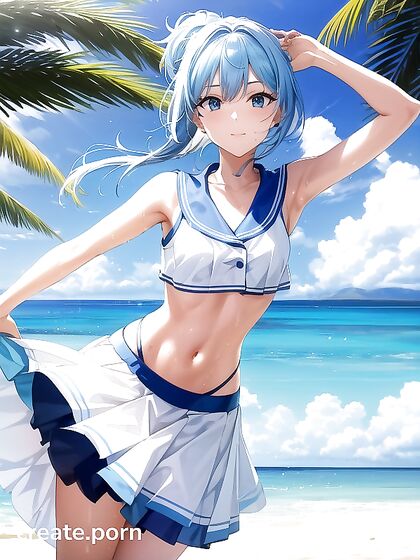 Light Blue Haired Cutie in Bikini Shows Off Her Small Breasts in Hentai AI Image
