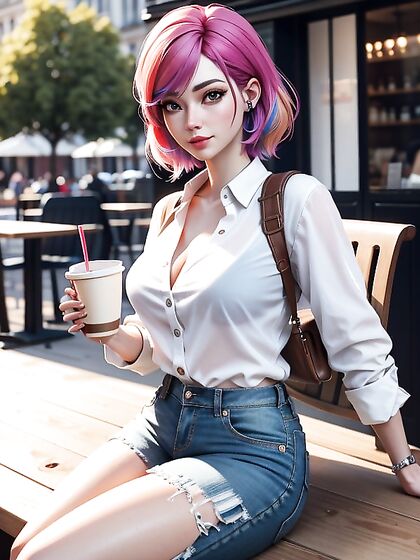 Woman with Colorful Hair in Transparent White Shirt Enjoying a Sunny Day Hentai Pleasure