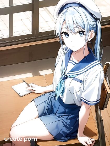 Light Blue Haired Teen 18+ in School Uniform Takes On Hentai Delights