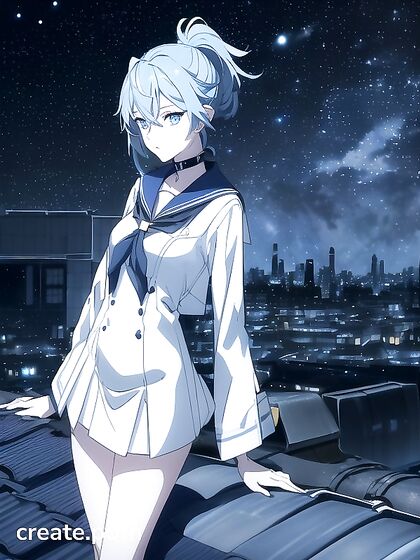 with Blue Eyes and Teal Hair in Torn Uniform Stares at Starlit Cityscape