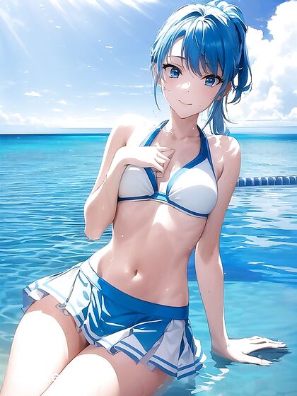 Aquatic Blue-Haired Beauty with Short Ponytail Teases in Absurdres Hentai AI Image