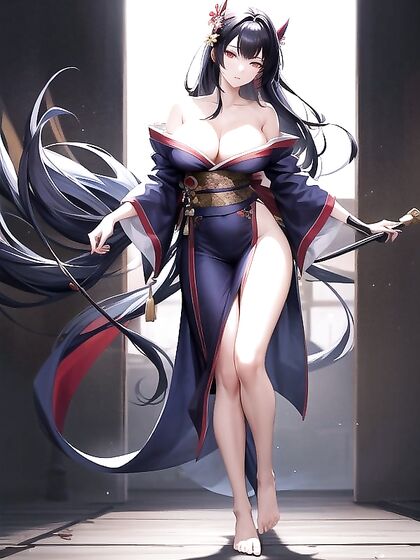 Ultra-Detailed Hentai AI Porn - Seductive Girl 18+ in Short Blue Kimono with Floral Cleavage Delights