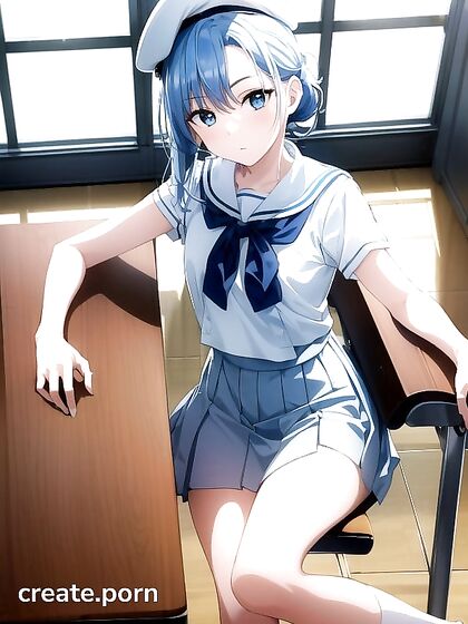 Skinny Girl 18+ with Blue Eyes in Sailor-School Uniform Enjoying Steamy Hentai AI Image