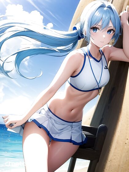 Beach Babe in White and Blue Bikini Amidst Umbrellas Enjoys Steamy Hentai AI Image