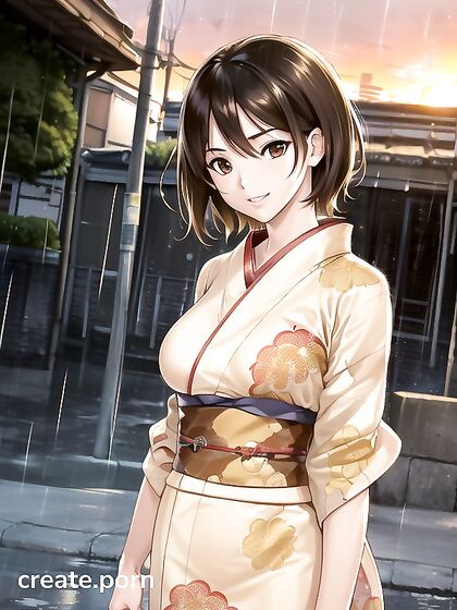 Raining Desires - Brown-Eyed Beauty in Vibrant Manga Hentai AI Image