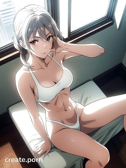 Sitting Down with Spread Legs - Top-Down View of Busty Hentai Pleasure