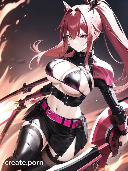 Seductive Warrior in Skin-Tight Leather Armor Wields Fiery Scythe in Vibrant Hentai Fantasy