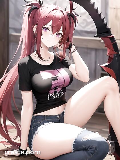 Kneeling Cutie with Tattered Outfit Wields Fiery Scythe in Horny Hentai AI Image