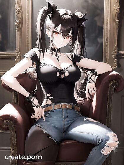 Goth Girl 18+ with Pigtails and Bows Dominates on Throne in Tattered Outfit Hentai AI Image