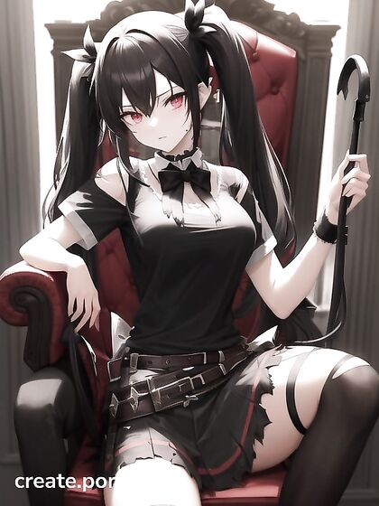 Goth Girl 18+ with Pigtails and Bows Sitting on a Throne in Tattered Clothes for Busty Hentai Pleasure