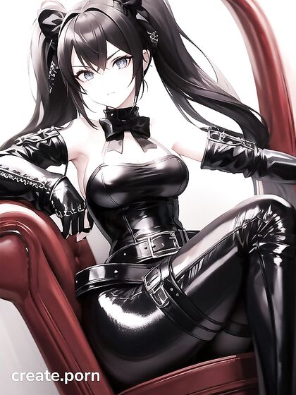 Goth Girl 18+ in Tight Leather Armor and Pigtails Dominates from Her Throne in Busty Hentai AI Image