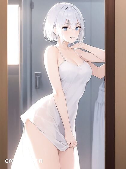 White-Haired Beauty Shows Off Her Rounded Breasts in Seductive Front View Hentai AI Image