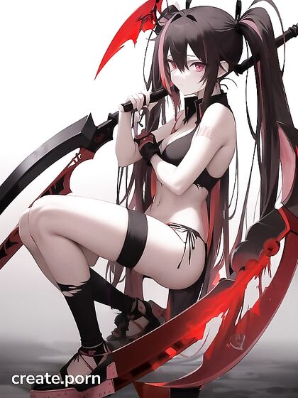 -soaked Beauty with Ripped Clothes Wields Fiery Scythe in Horny Full-body Hentai AI Image
