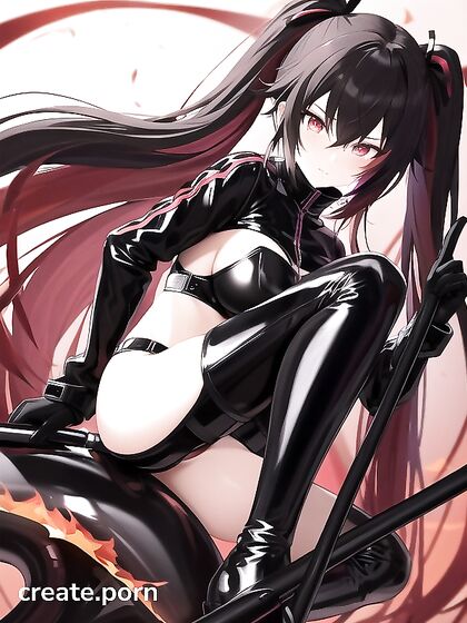 Girl 18+ in Skin-Tight Black Latex Wields Fiery Scythe with Colorful Pigtails in Hentai AI Image