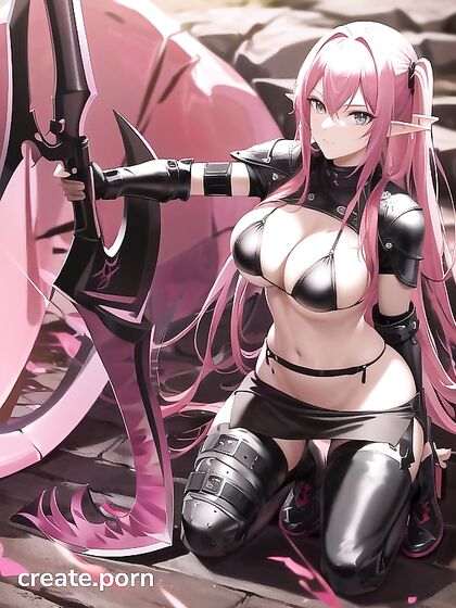 Drow Elf in Skin-Tight Leather Bikini Armor Pleasured by Pink-Purple Pigtails and Fiery Scythe