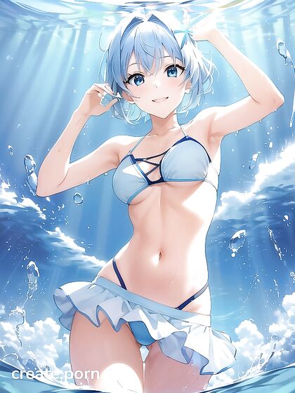 Summer Bliss - Blue-Haired Beauty with Ponystyle Enjoying Steamy Fish Hentai AI Image