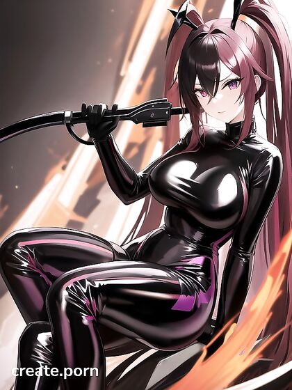 Knee-Horny Girl 18+ in Skin-Tight Black Latex Wields Fiery Scythe and Colorful Pigtails