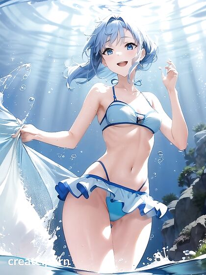Summer Fun - Girl 18+ with Aquatic Blue Hair in Ponystyle Laughs During Horny Hentai Session