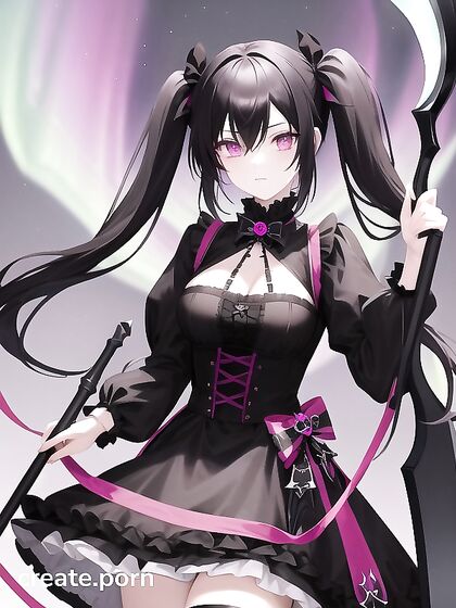 Goth Girl 18+ in Gothic Dress Wields Scythe Amidst Northern Lights Busty Hentai AI Image