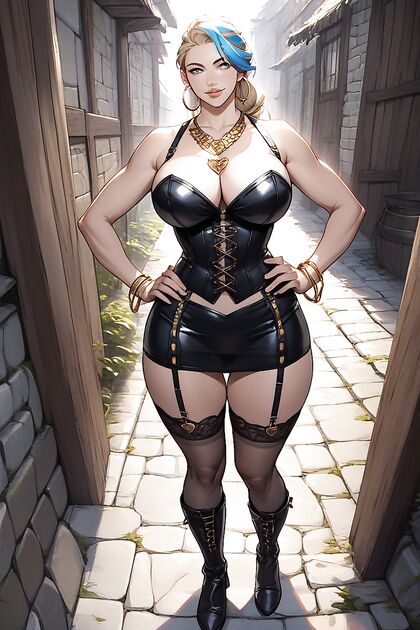 Dwarf Wears Low-Cut Black Leather Corset with Blue Accents in Steamy Hentai AI Image