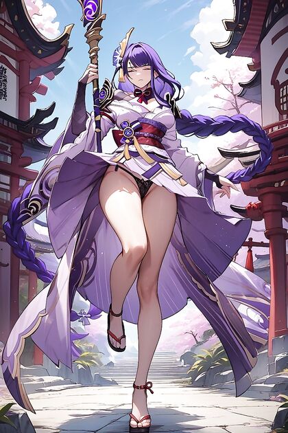 Raiden Shogun in Battle-Ready Pose Teased Underneath Her Skirt in Hentai AI Image
