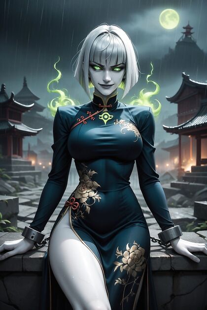 Gray-Haired Undead Woman Wields Massive Bone Scythe on Graveyard Cliff in Smug Hentai AI Image