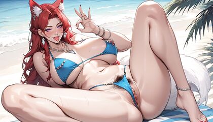Tualla Spreads Her Legs Showing Off Pubic Hair and Pierced Nipples in Red Lipstick Hentai AI Image