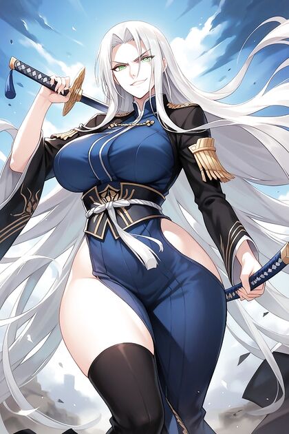 Round Breasts and White Hair in Intense Battlefield Hentai AI Image