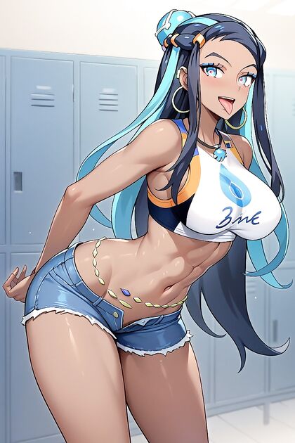 Nessa from Pokémon Smiles Wide in Denim Shorts for Seductive Hentai AI Image